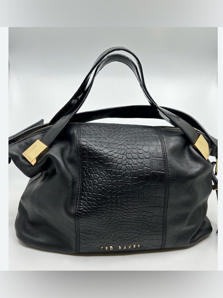 Ted Baker Black Croc-Panel Leather Shoulder Bag With Gold Accents